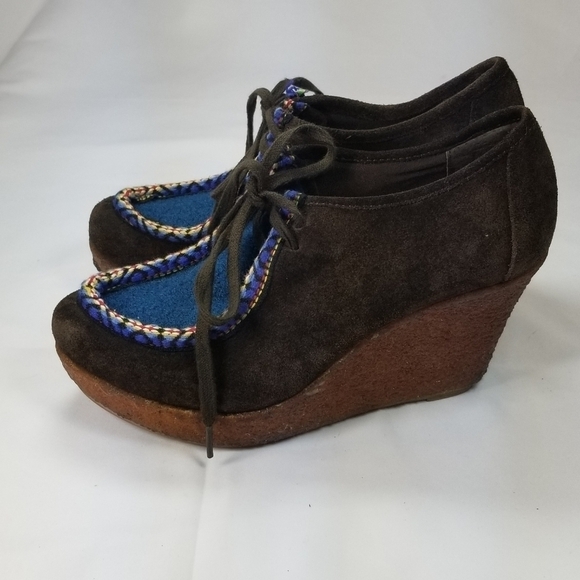 80%20 anthropologie brown suede blue tie wedge crepe sole booties 6.5 - Picture 2 of 10